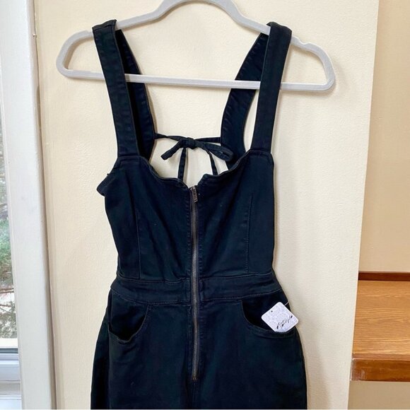 NWT Free People CRVY 2nd Ave One Piece Denim Flare Jumpsuit in Black Panther 0 - Picture 7 of 15